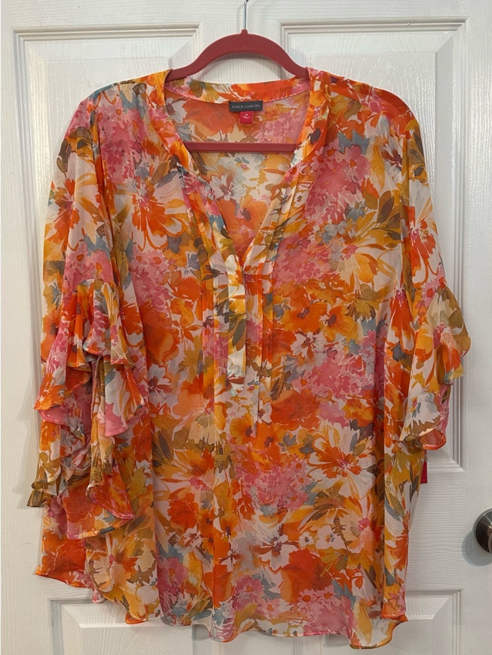 Vince Camuto Pink & Orange Floral Ruffle-Sleeve Blouse